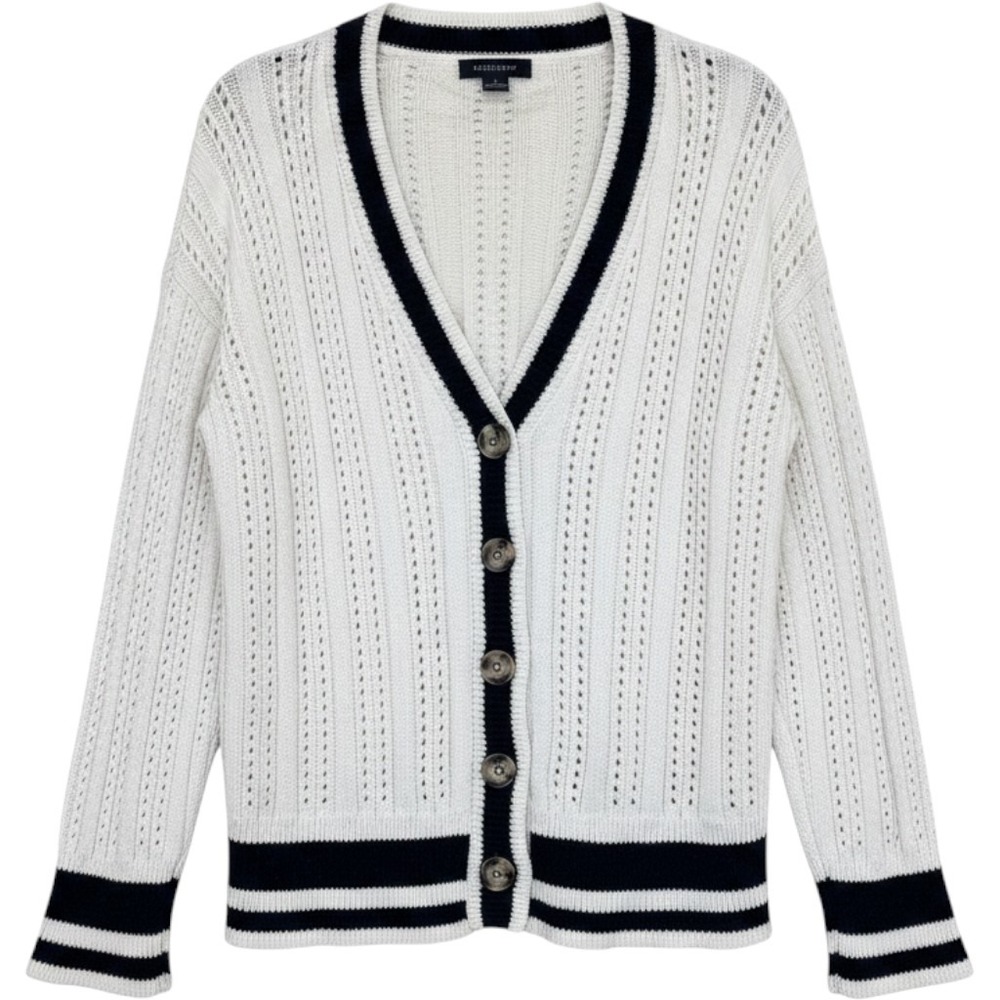 Sanctuary Women Ivory Navy Blue Striped Pointelle Knit Cotton Cardigan CW1284MU4
